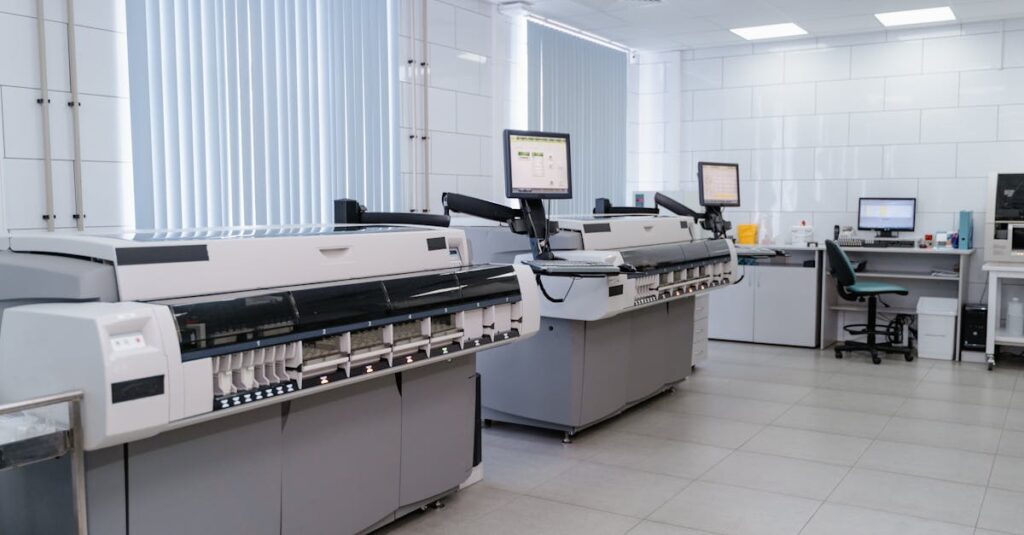 Spacious modern laboratory featuring advanced printing equipment and workstations.